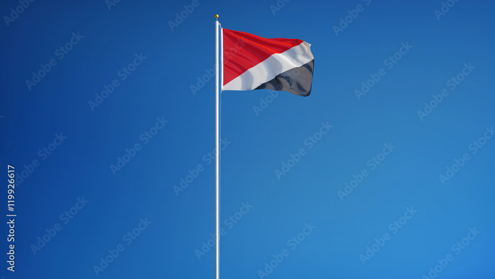 Naklejka premium Sealand flag waving against clean blue sky, long shot, isolated with clipping path mask alpha channel transparency