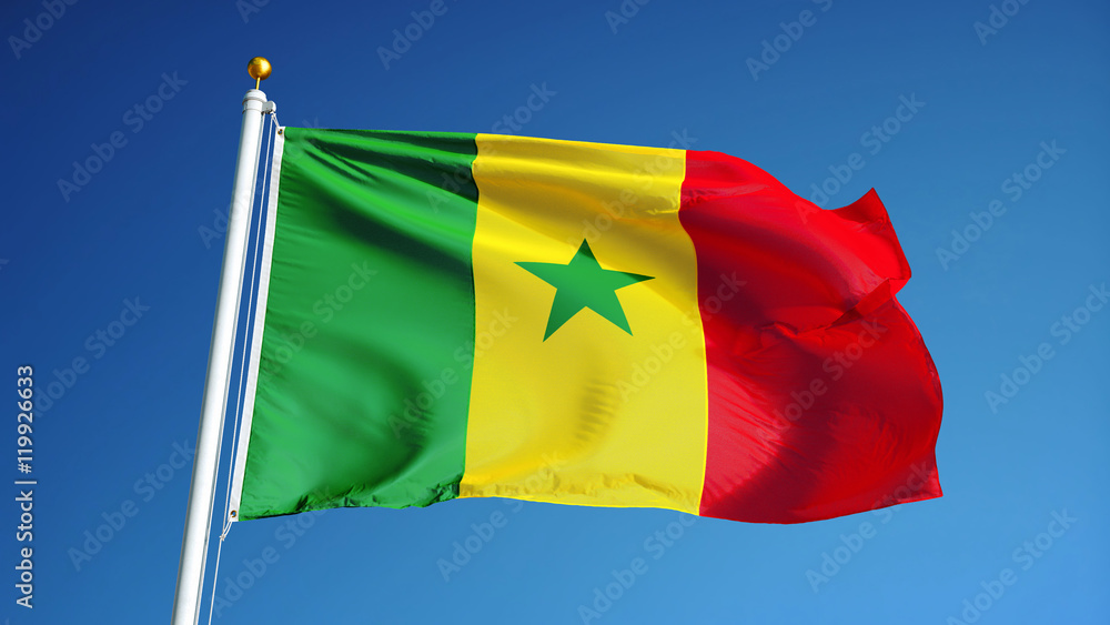 Senegal flag waving against clean blue sky, close up, isolated with  clipping path mask alpha channel transparency Stock Photo