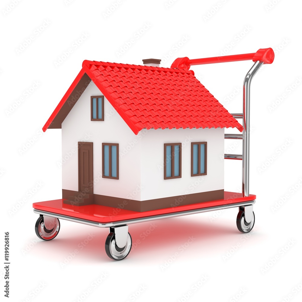 Model of house on wheeled platform on white background. Concept of property moving, delivering. 3D rendering. Model of house on wheeled platform on white background. Concept of property moving, delivering. 3D rendering.