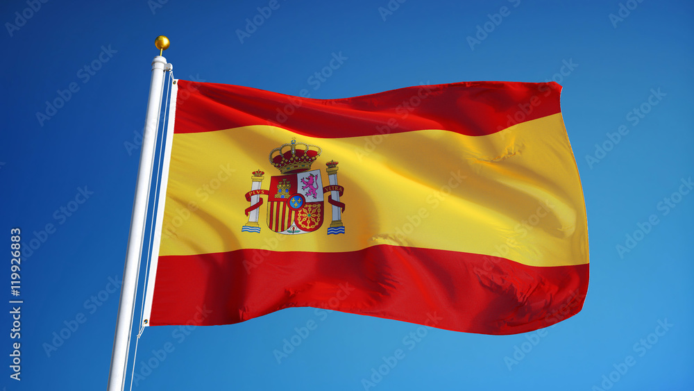 Obraz premium Spain flag waving against clean blue sky, close up, isolated with clipping path mask alpha channel transparency