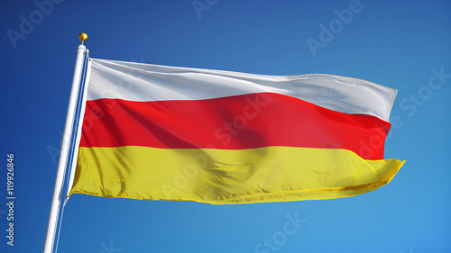 South Ossetia flag waving against clean blue sky  close up  isolated with clipping path mask alpha channel transparency