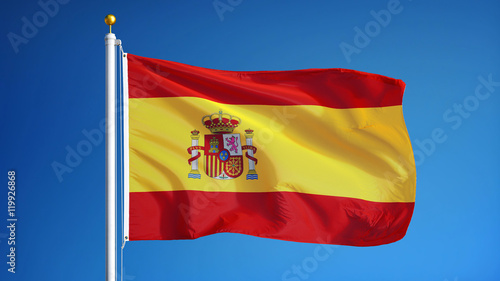 Obraz na plátně Spain flag waving against clean blue sky, close up, isolated with clipping path