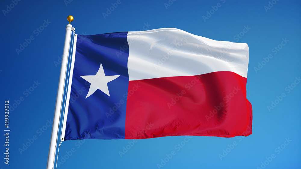 Naklejka premium Texas flag waving against clean blue sky, close up, isolated with clipping path mask alpha channel transparency