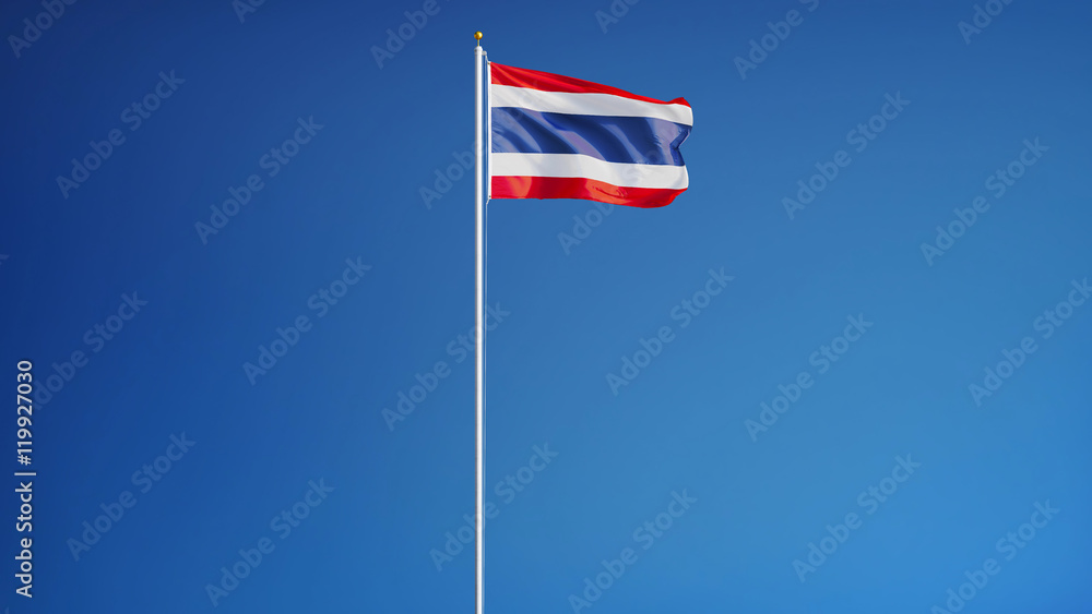 Thailand flag waving against clean blue sky, long shot, isolated with clipping path mask alpha channel transparency