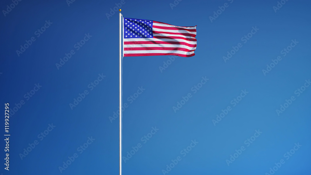 USA flag waving against clean blue sky, long shot, isolated with clipping path mask alpha channel transparency