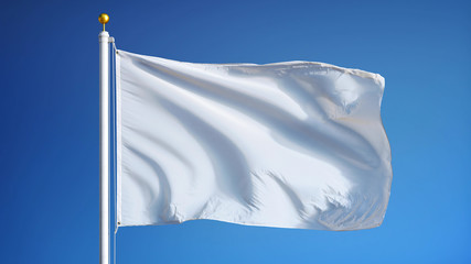 Empty white clear flag waving against clean blue sky, close up, isolated with clipping path mask alpha channel transparency