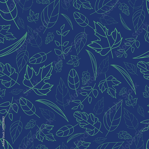 Vector pattern of autumn leaves of different shapes autumn elements and templates. light blue on dark blue background. autumn hipster background. Bright pattern. Autumn template.