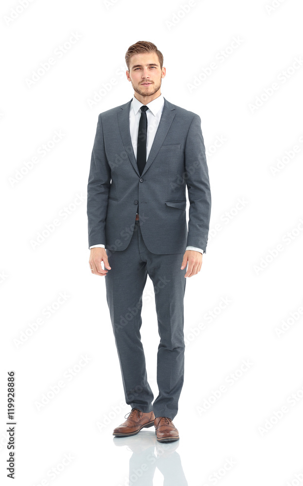 Happy business man wearing grey suit standing and folding arms Happy business man wearing grey suit standing and folding arms