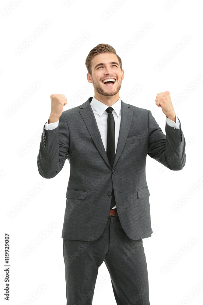 Lucky handsome businessman celebrating. Winner laughing man Lucky handsome businessman celebrating. Winner laughing man