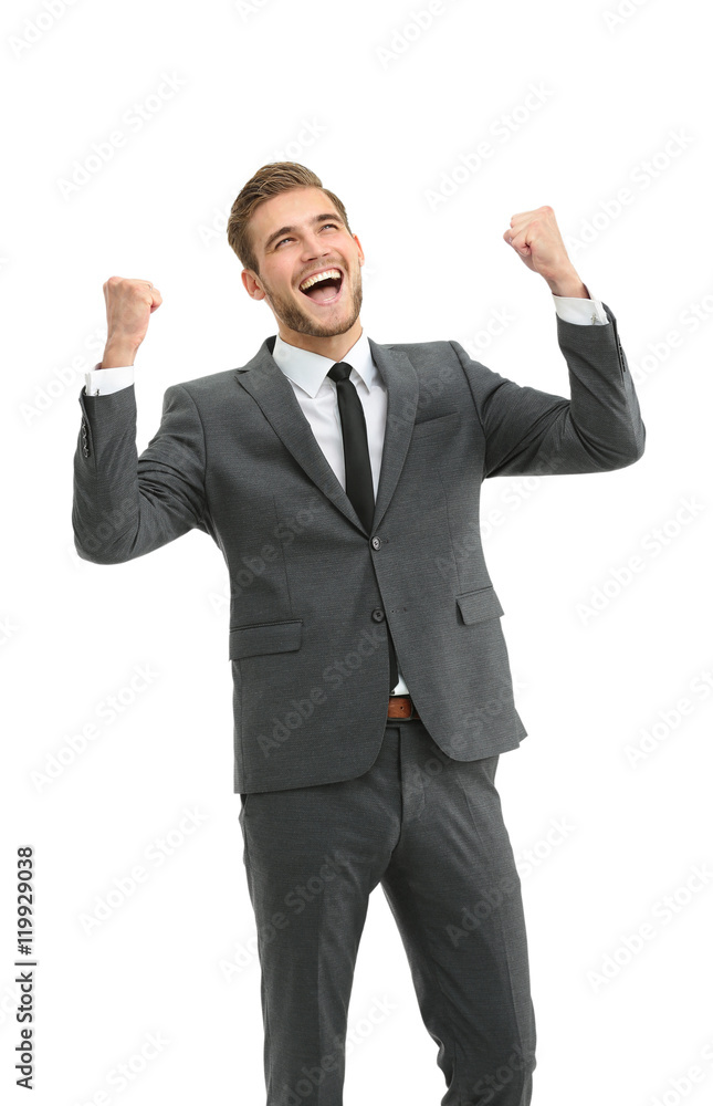 Businessman celebrating with his fists raised in the air and a Businessman celebrating with his fists raised in the air and a