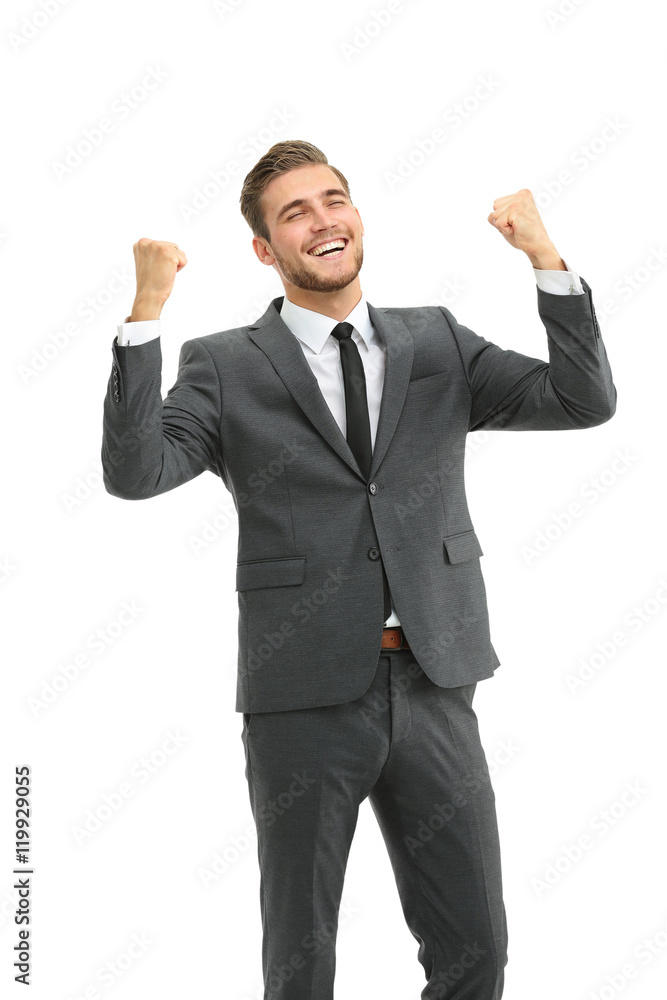 Lucky handsome businessman celebrating. Winner laughing man Lucky handsome businessman celebrating. Winner laughing man