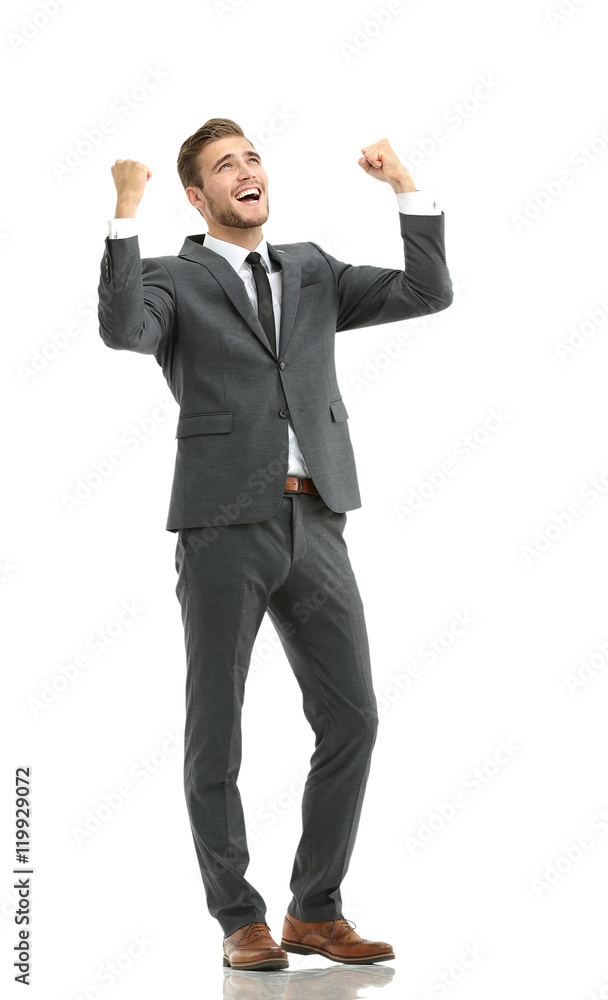 Lucky handsome businessman celebrating. Winner laughing man Lucky handsome businessman celebrating. Winner laughing man