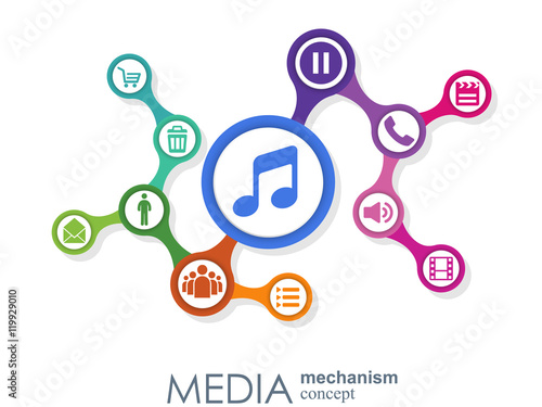 Media mechanism concept. Growth abstract background with integrated meta balls, integrated icon for digital, strategy, internet, network, connect, communicate, technology, global concepts.