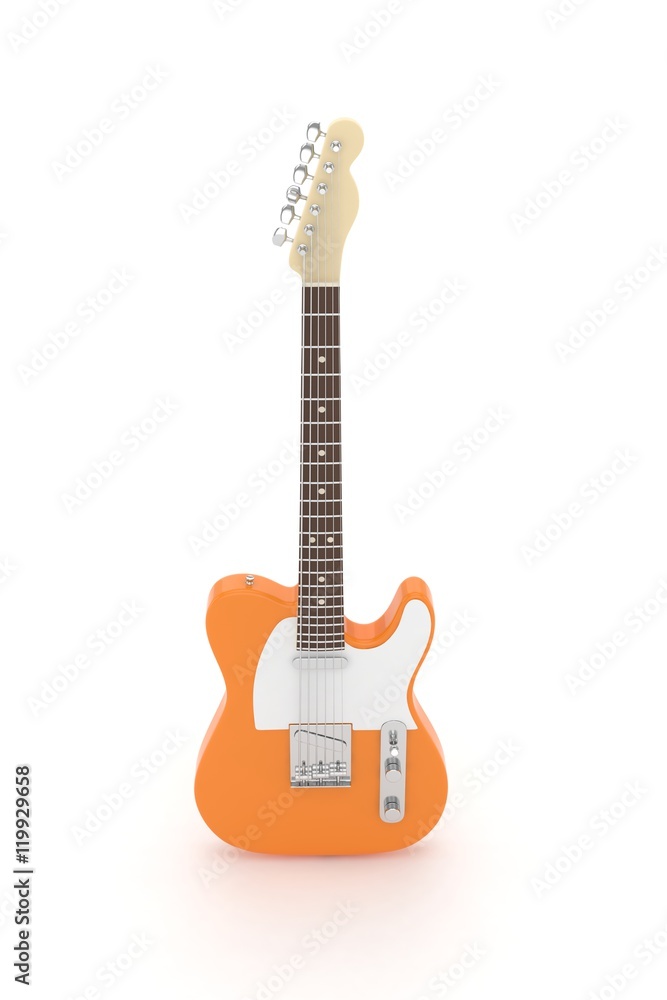 Isolated orange electric guitar on white background.  Musical instrument for rock, blues, metal songs. 3D rendering.