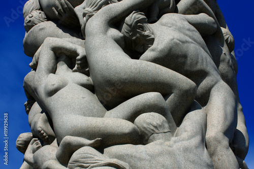 Statue of man and woman by Gustav Vigeland in Frogner Park. Oslo