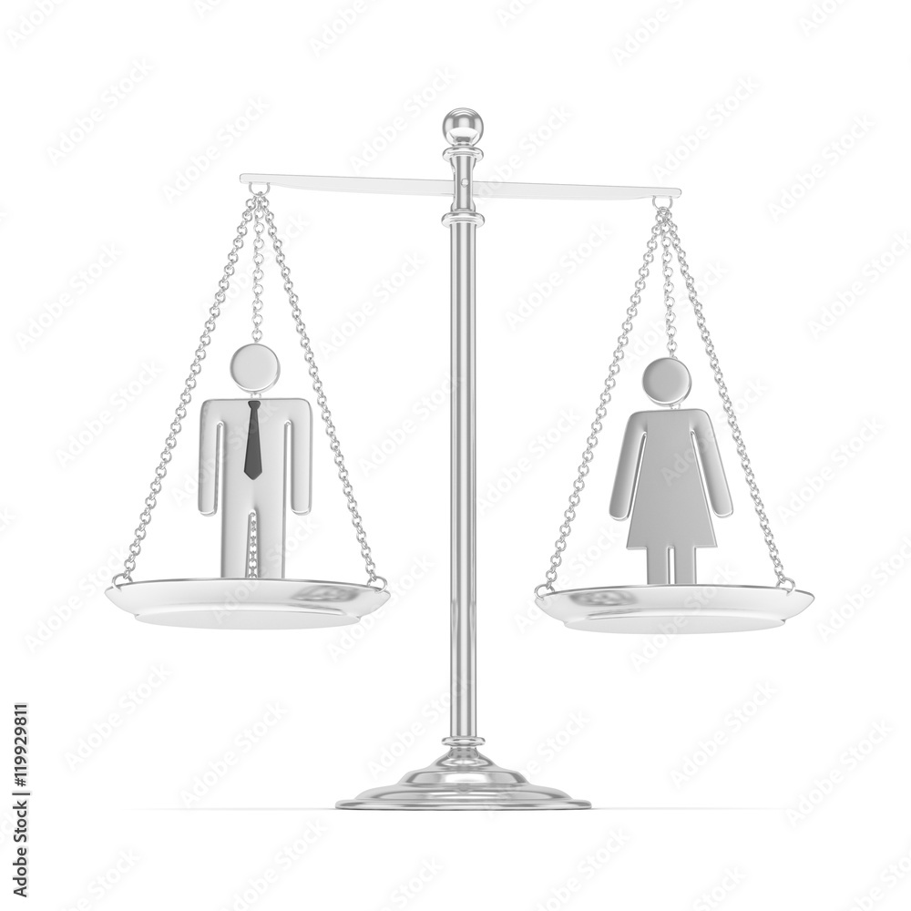 Isolated old fashioned pan scale with man and woman on white background. Gender inequality. Equality of sexes. Law issues. Silver model. 3D rendering. Isolated old fashioned pan scale with man and woman on white background. Gender inequality. Equality of sexes. Law issues. Silver model. 3D rendering.