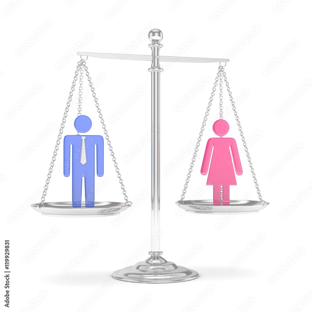 Isolated old fashioned pan scale with man and woman on white background. Gender inequality. Equality of sexes. Law issues. Colorful model. 3D rendering. Isolated old fashioned pan scale with man and woman on white background. Gender inequality. Equality of sexes. Law issues. Colorful model. 3D rendering.