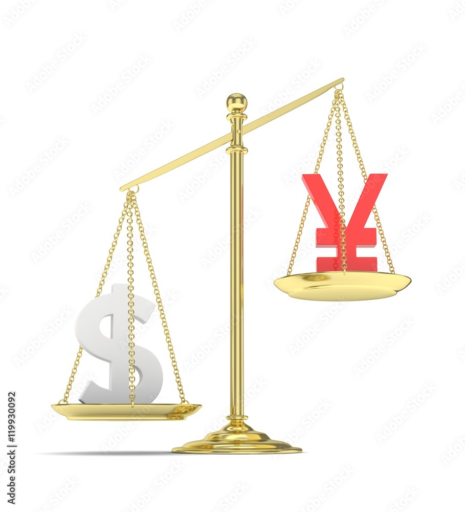 Isolated old fashioned pan scale with dollar and yuan,yen on white background. American and chinese and japanese currency. Dollar is heavier. Silver usd, red yuan. 3D rendering. Isolated old fashioned pan scale with dollar and yuan,yen on white background. American and chinese and japanese currency. Dollar is heavier. Silver usd, red yuan. 3D rendering.