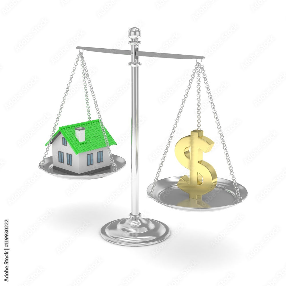 Isolated silver scales with golden dollar and house on white background. Investment or savings concept. Real estate and currency. 3D rendering. Isolated silver scales with golden dollar and house on white background. Investment or savings concept. Real estate and currency. 3D rendering.