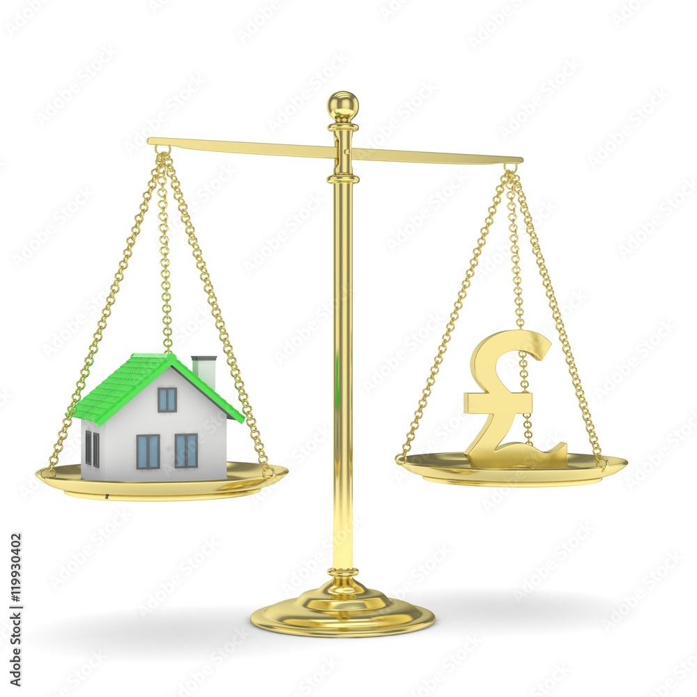 Isolated golden scales with golden pound and house on white background. Investment or savings concept. Real estate and currency. 3D rendering. Isolated golden scales with golden pound and house on white background. Investment or savings concept. Real estate and currency. 3D rendering.