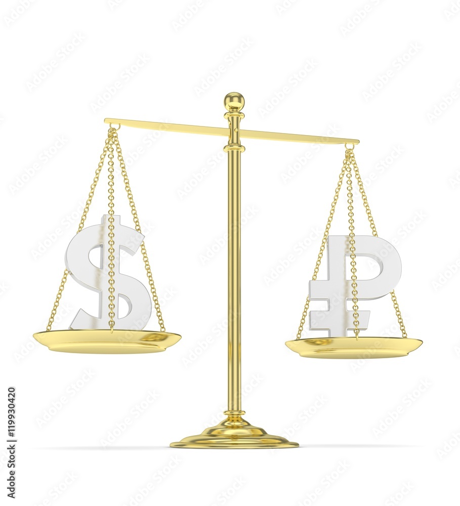 Isolated old fashioned pan scale with dollar and ruble on white background. American and russian currency. Currency equality. 3D rendering. Isolated old fashioned pan scale with dollar and ruble on white background. American and russian currency. Currency equality. 3D rendering.
