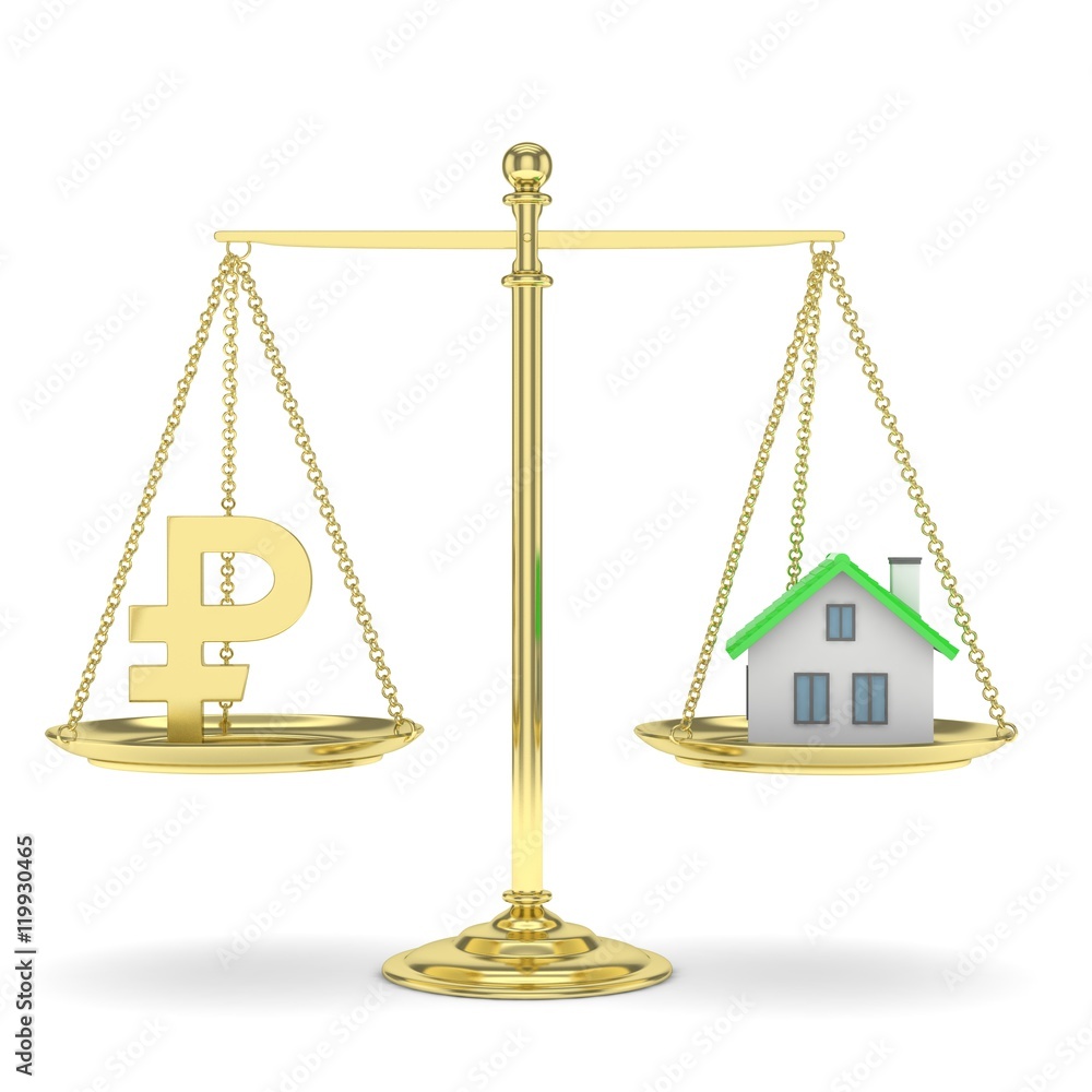 Isolated golden scales with golden rouble and house on white background. Investment or savings concept. Real estate and currency. 3D rendering. Isolated golden scales with golden rouble and house on white background. Investment or savings concept. Real estate and currency. 3D rendering.