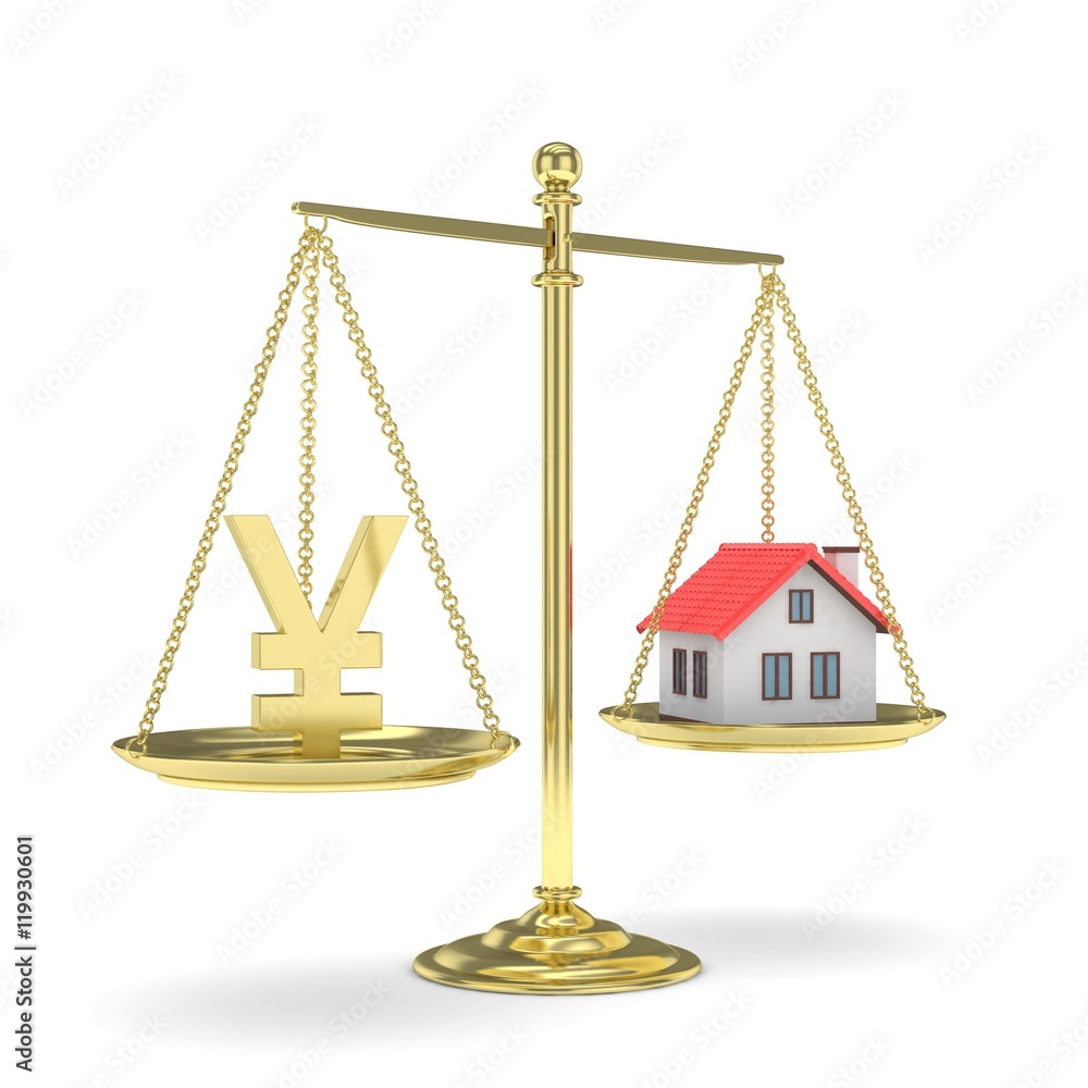 Isolated golden scales with golden yuan and house on white background. Investment or savings concept. Real estate and currency. 3D rendering. Isolated golden scales with golden yuan and house on white background. Investment or savings concept. Real estate and currency. 3D rendering.