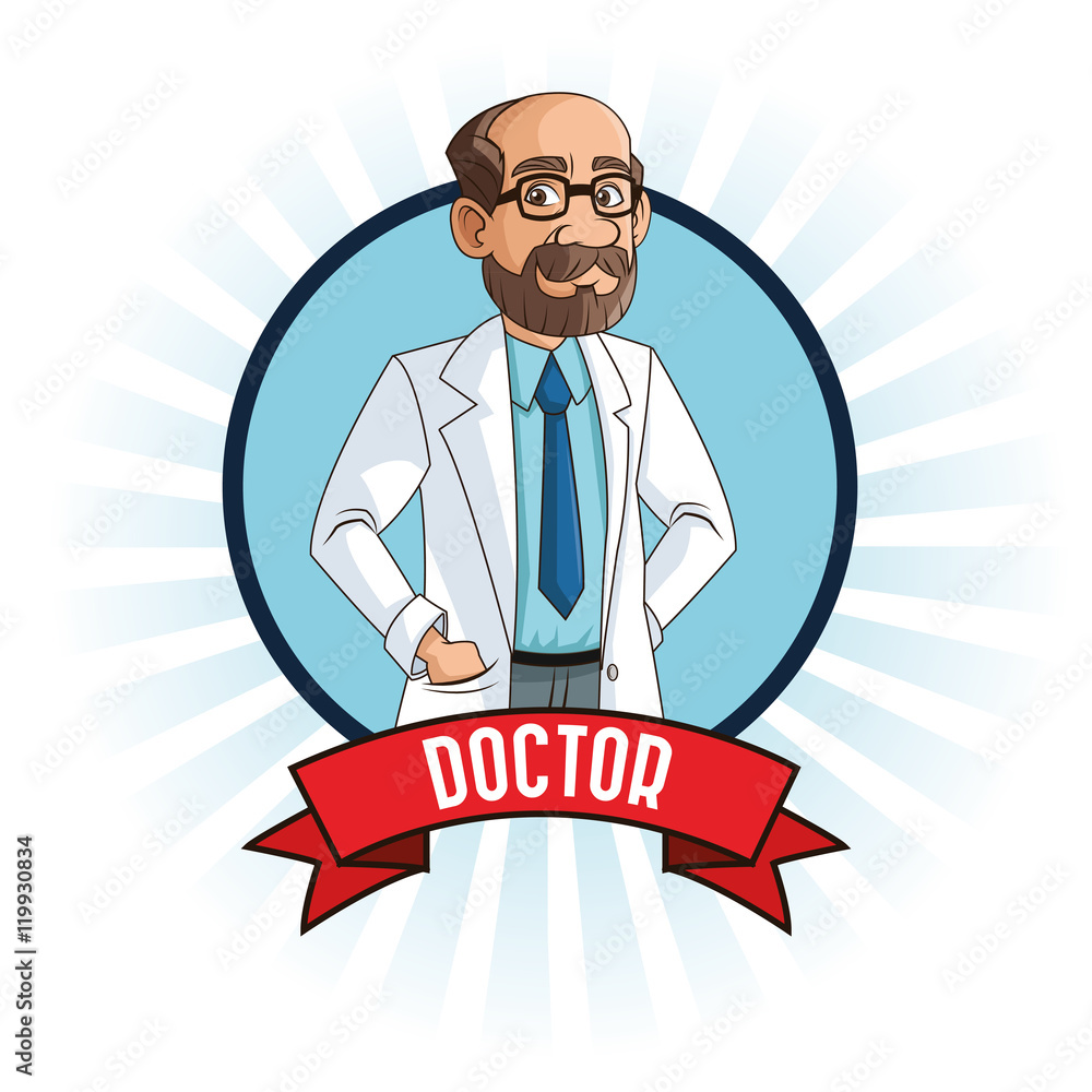 doctor man cartoon with uniform inside a seal stamp with ribbon icon. medical and health care theme. Colorful and isolated design. Vector illustration doctor man cartoon with uniform inside a seal stamp with ribbon icon. medical and health care theme. Colorful and isolated design. Vector illustration