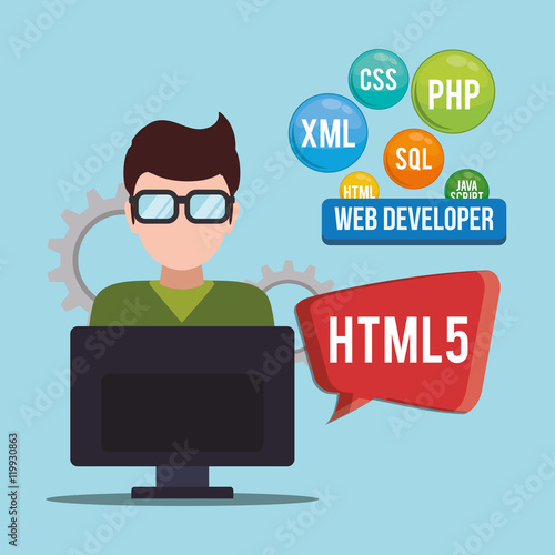 computer gears man boy glasses developer web responsive development website programming icon set. Colorful design. Vector illustration
