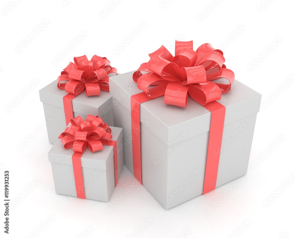 Obraz premium three gift boxes with bows isolated on white. 3d rendering.