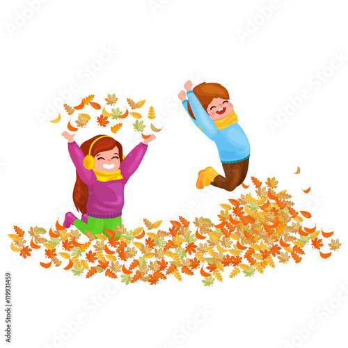 Kids playing with autumn leaves. hello autumn illustration.
