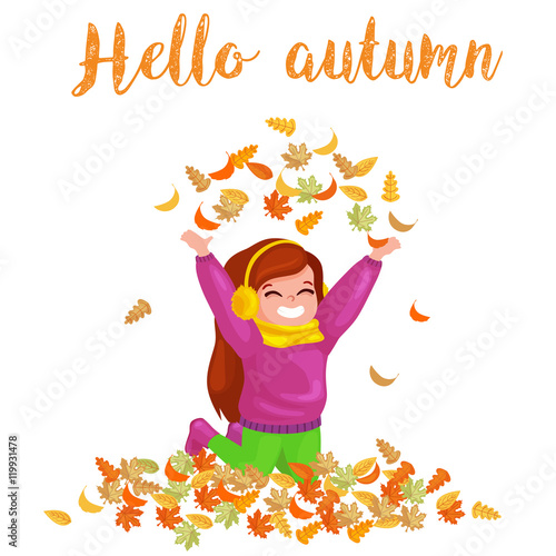 Girl  throws up autumn leaves. hello autumn illustration.