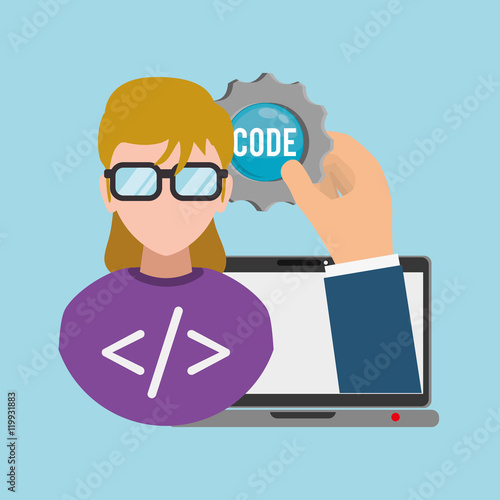 woman girl glasses gear laptop developer web responsive development website programming icon set. Colorful design. Vector illustration