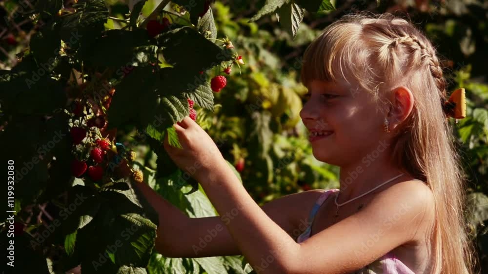 Girl vomits and eats raspberries from the bushes Girl vomits and eats raspberries from the bushes