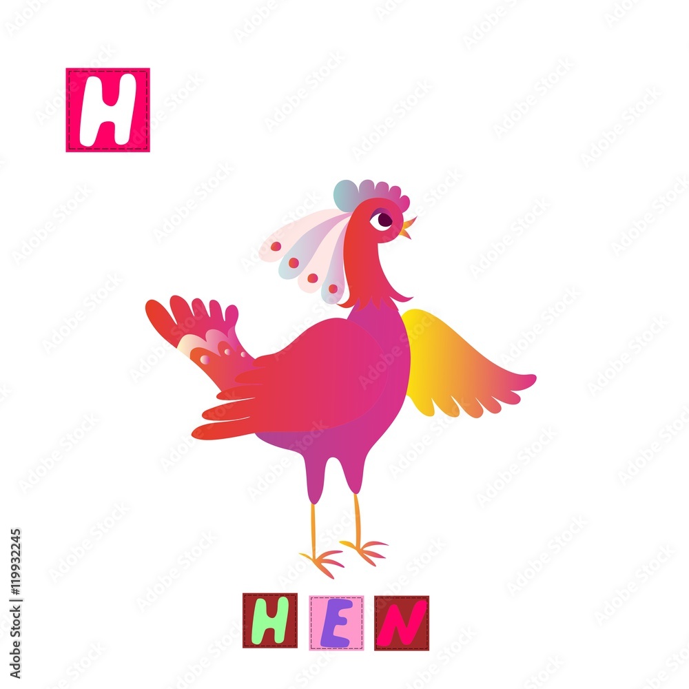 Year of the rooster. Cute cartoon english alphabet with colorful image and word. Kids vector ABC. Letter H. Hen. Year of the rooster. Cute cartoon english alphabet with colorful image and word. Kids vector ABC. Letter H. Hen.