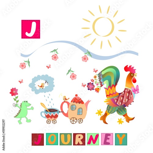 Year of the rooster. Cute cartoon english alphabet with colorful image and word. Kids vector ABC. Letter J. Journey.