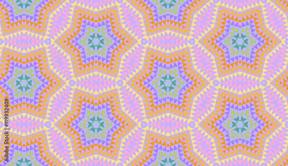 Colorful mosaic seamless pattern of geometric flowers.