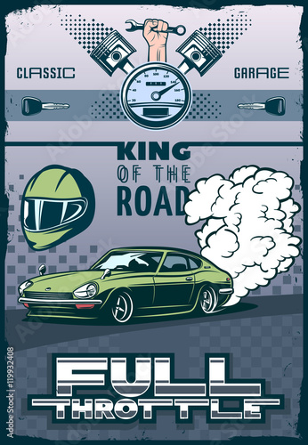 Race car poster with title full throttle and king of the road. elements of motorsport and racing. vector illustration