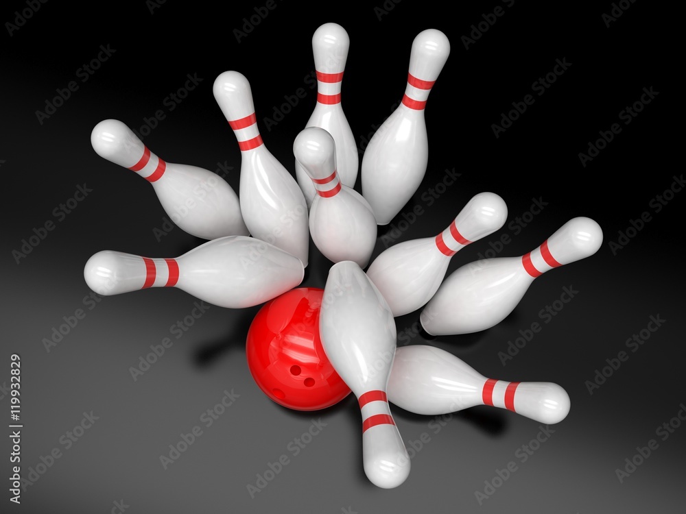 Bowling ball and skittles isolated. 3d rendering. Bowling ball and skittles isolated. 3d rendering.