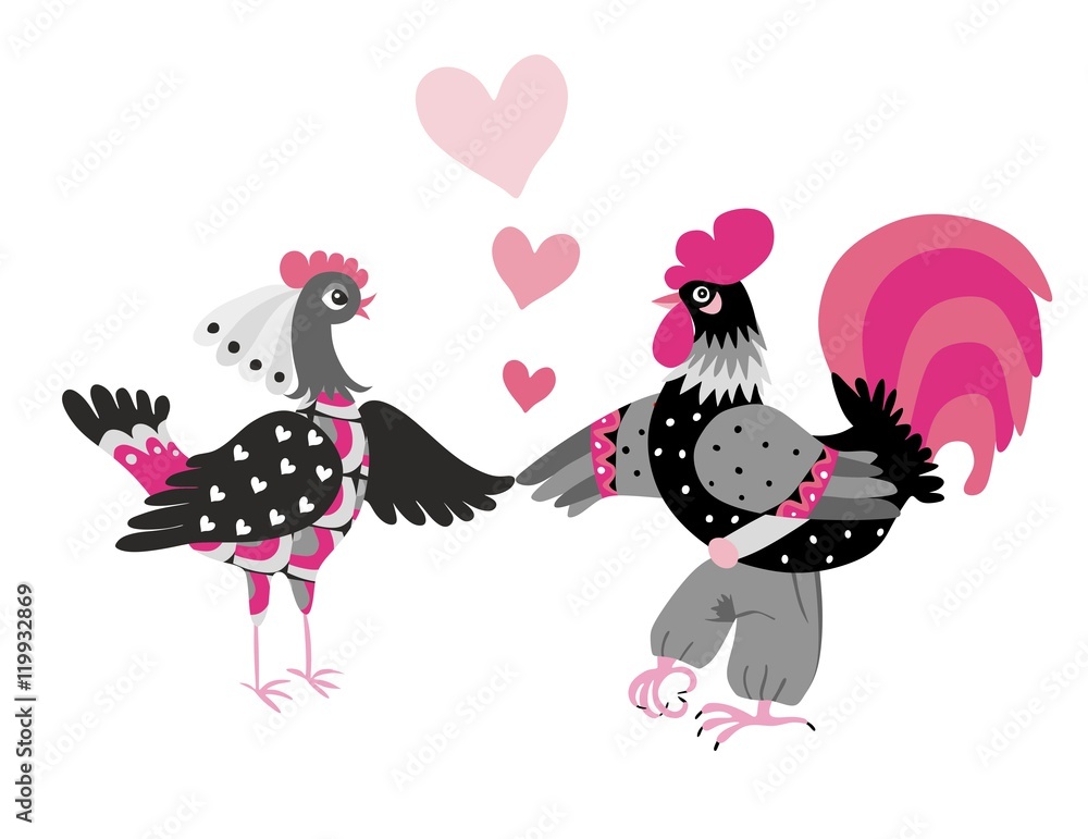 Wedding invitation with cute cartoon cock and hen. Year of the rooster. 2017. Chinese zodiac. Greeting card. Vector image. Stock Vector | Adobe Stock Wedding invitation with cute cartoon cock and hen. Year of the rooster. 2017. Chinese zodiac. Greeting card. Vector image. Stock Vector | Adobe Stock