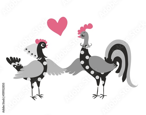 Wedding invitation with cute cartoon cock and hen. Year of the rooster. 2017. Chinese zodiac. Greeting card. Vector image.