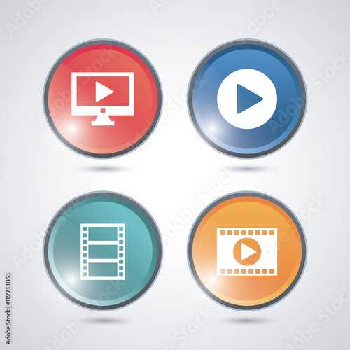 play tv and film strip buttons. Video movie cinema and media theme. Colorful design. Vector illustration