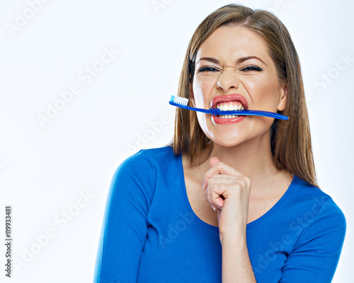 Funny woman with toothy brush.