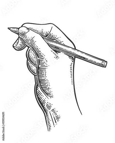 Female hand holding a pencil. Vector black vintage engraving