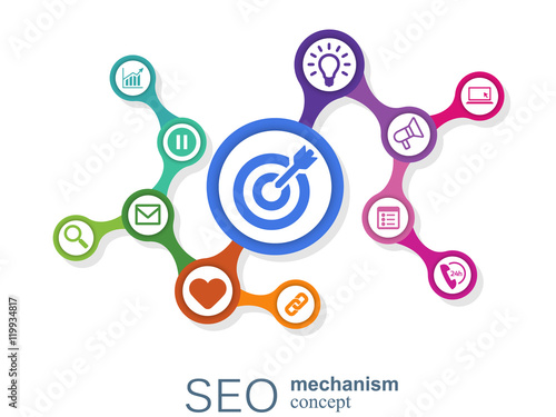 SEO mechanism concept. Abstract background with integrated gears and icons for strategy, digital, internet, network, connect, analytics, social media and global concepts.