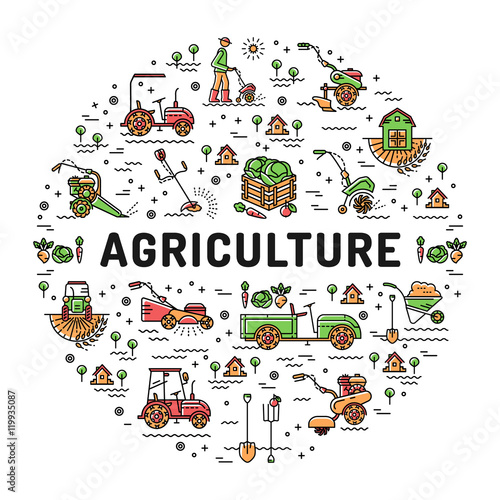 Agriculture and farming line art icons, Farm design template, Garden tiller and farm machines. Vector illustration agriculture and gardening circle colorful infographics concept