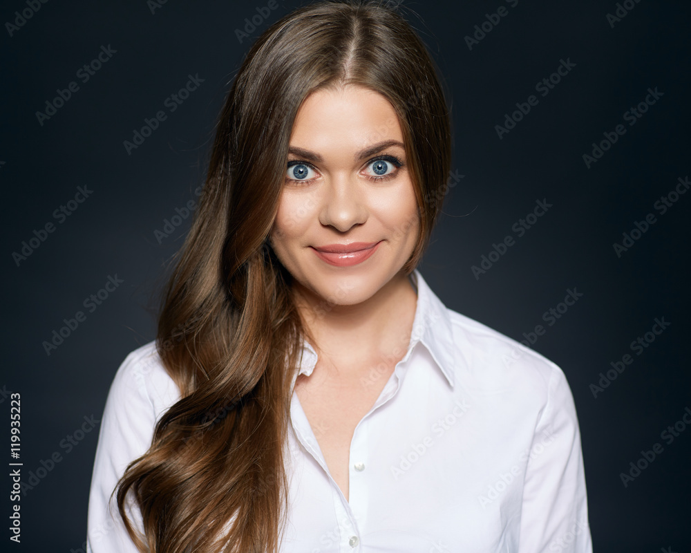 Long hair woman close up face portrait on black background Long hair woman close up face portrait on black background