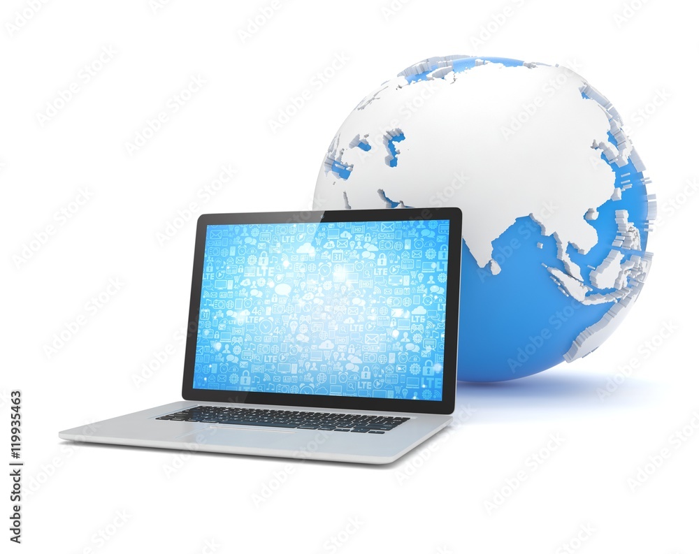 Laptop network and earth globe. 3d render Laptop network and earth globe. 3d render