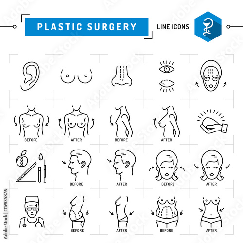 Plastic surgery concept Black thin line icons. Medical symbols and plastic surgery before and after: breast augmentation, liposuction, face and body cosmetology. Vector illustration
