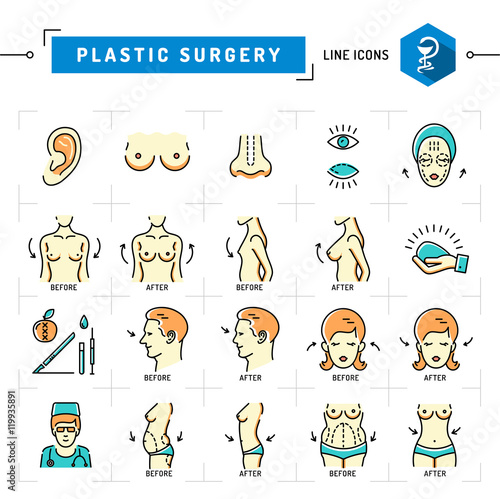 Plastic surgery concept Color thin line icons. Medical symbols and plastic surgery before and after: breast augmentation, liposuction, face and body cosmetology. Vector illustration